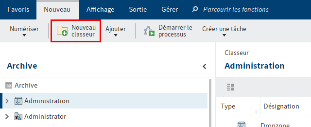 Bouton 'Nouveau classeur'