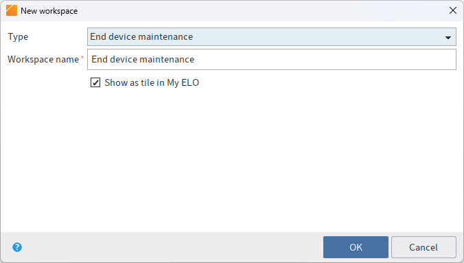 'New workspace' dialog box with 'Type' drop-down menu and 'Workspace name' field