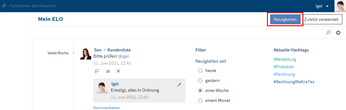 Tab 'Neuigkeiten'