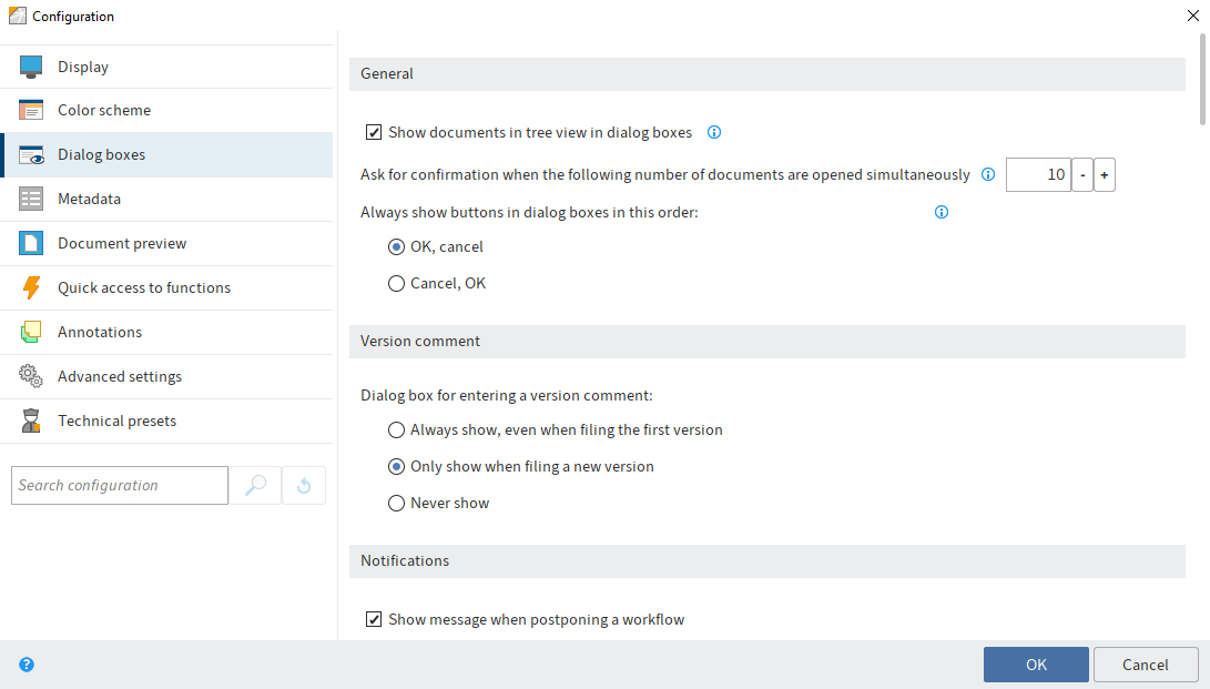 Configuration; Dialog boxes