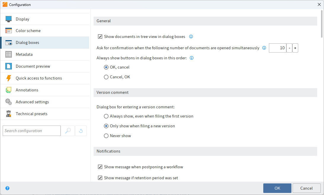Configuration; Dialog boxes