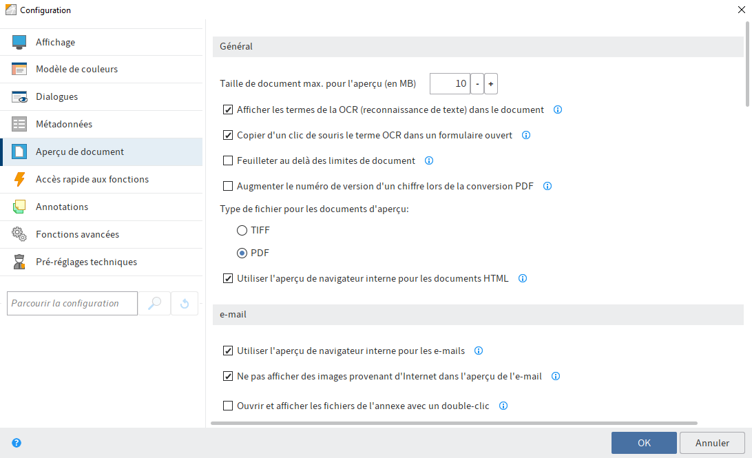 Configuration, aperçu de document