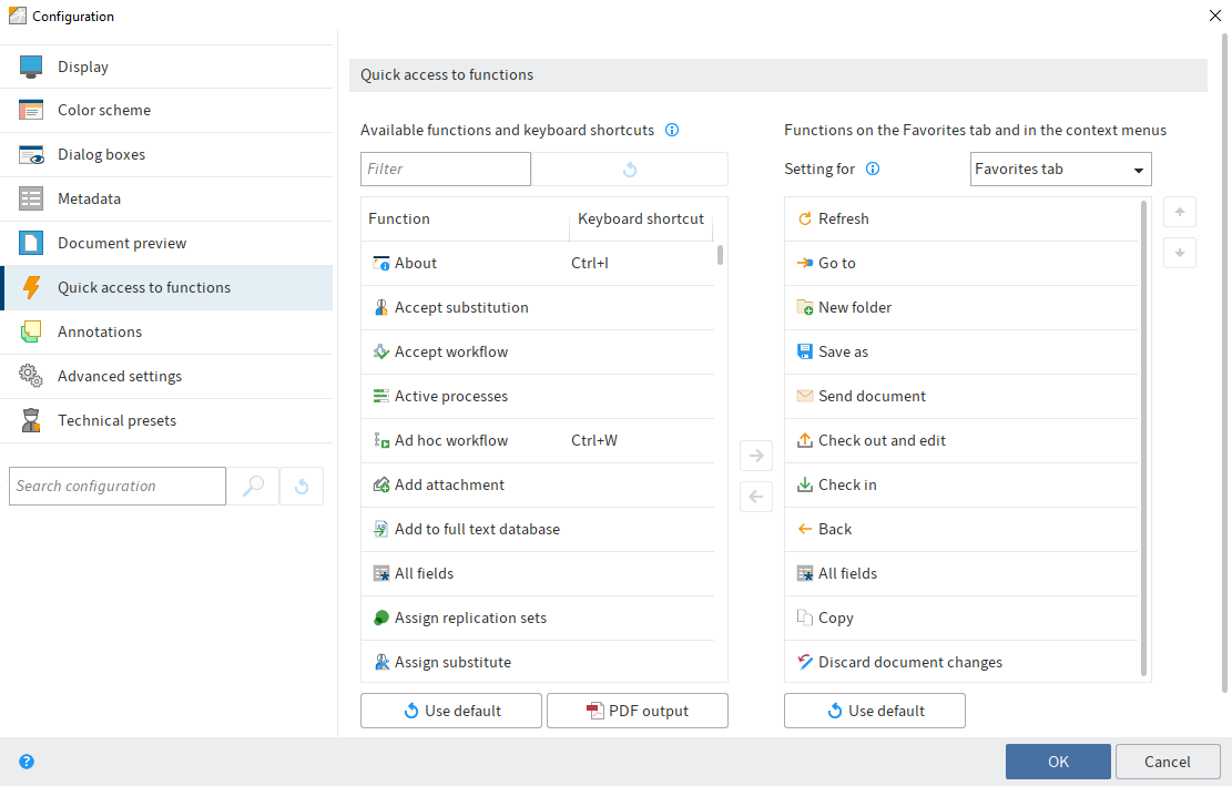 Configuration; Quick access to functions
