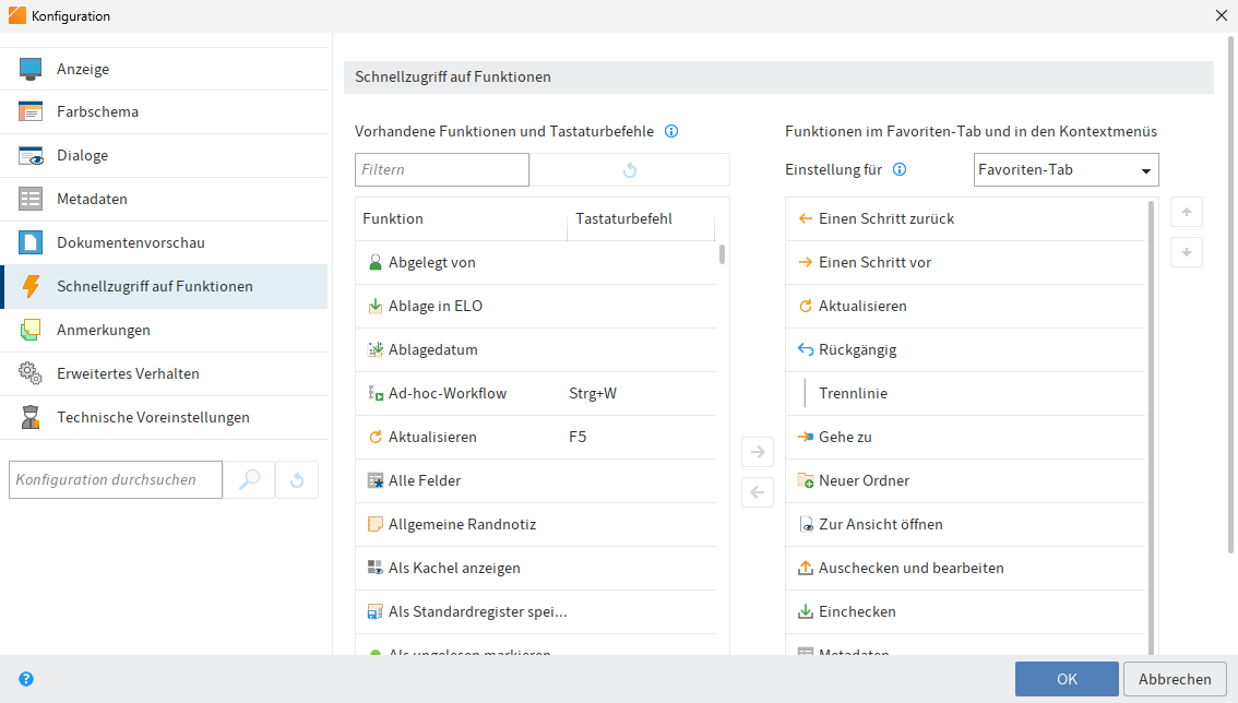 Konfiguration; Schnellzugriff auf Funktionen