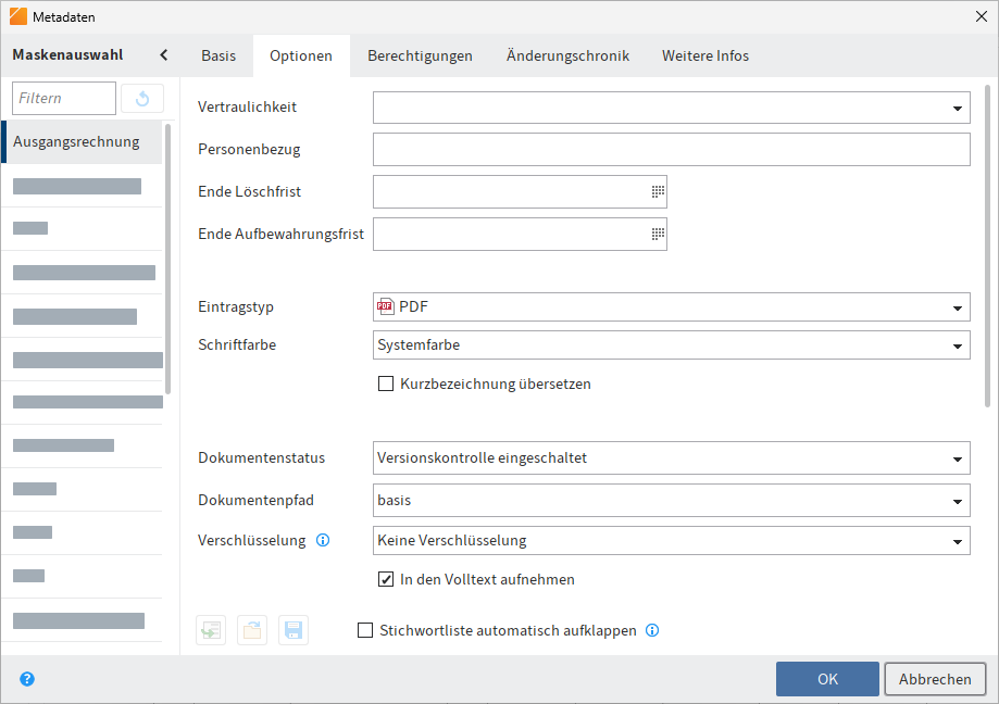 Tab 'Optionen'; Einstellungen für ein Dokument