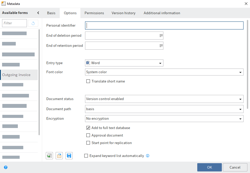 'Options' tab, settings for a document