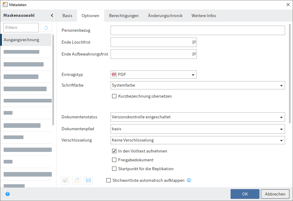 Tab 'Optionen'; Einstellungen für ein Dokument
