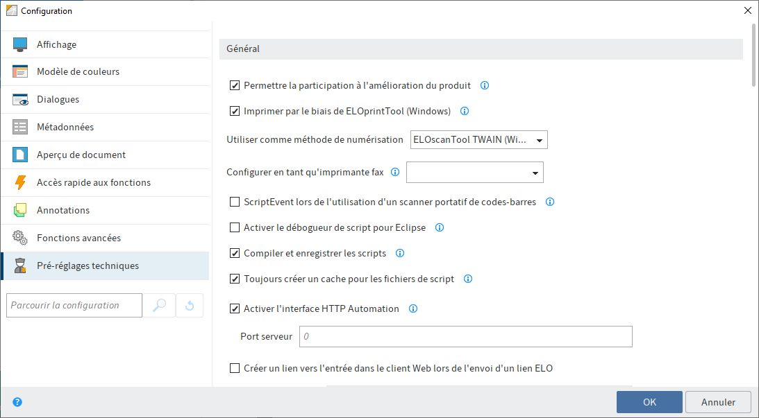 Configuration - préréglages techniques