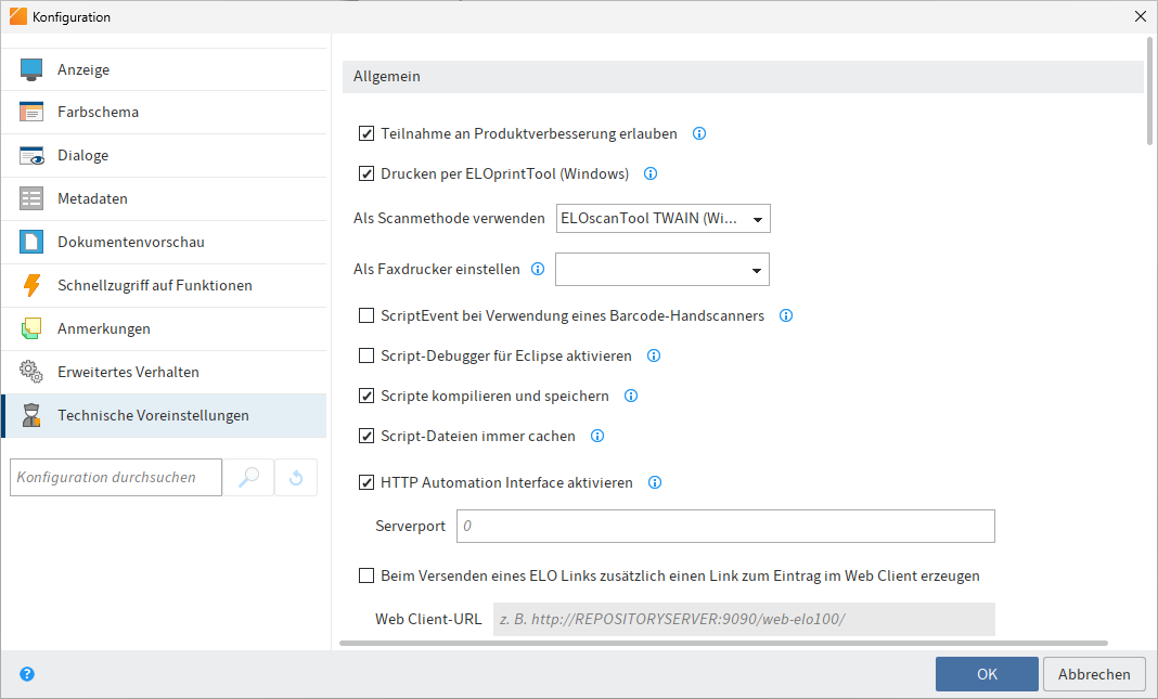 Konfiguration; Technische Voreinstellungen
