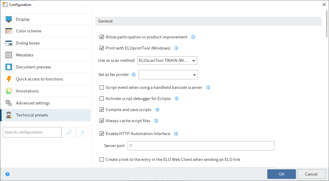 Configuration; Technical presets