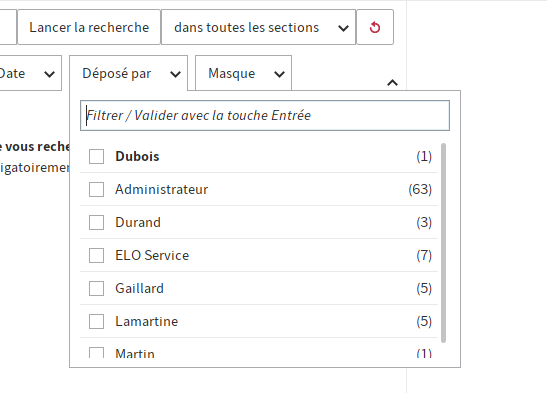 Section 'Recherche'; propositions de recherche dans le menu déroulant 'Déposé par'