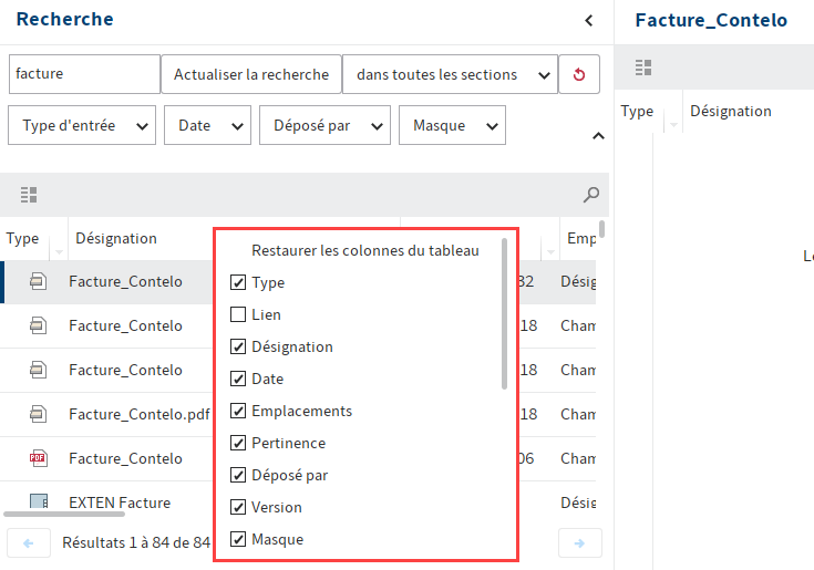 Colonnes d'indexation pour les métadonnées