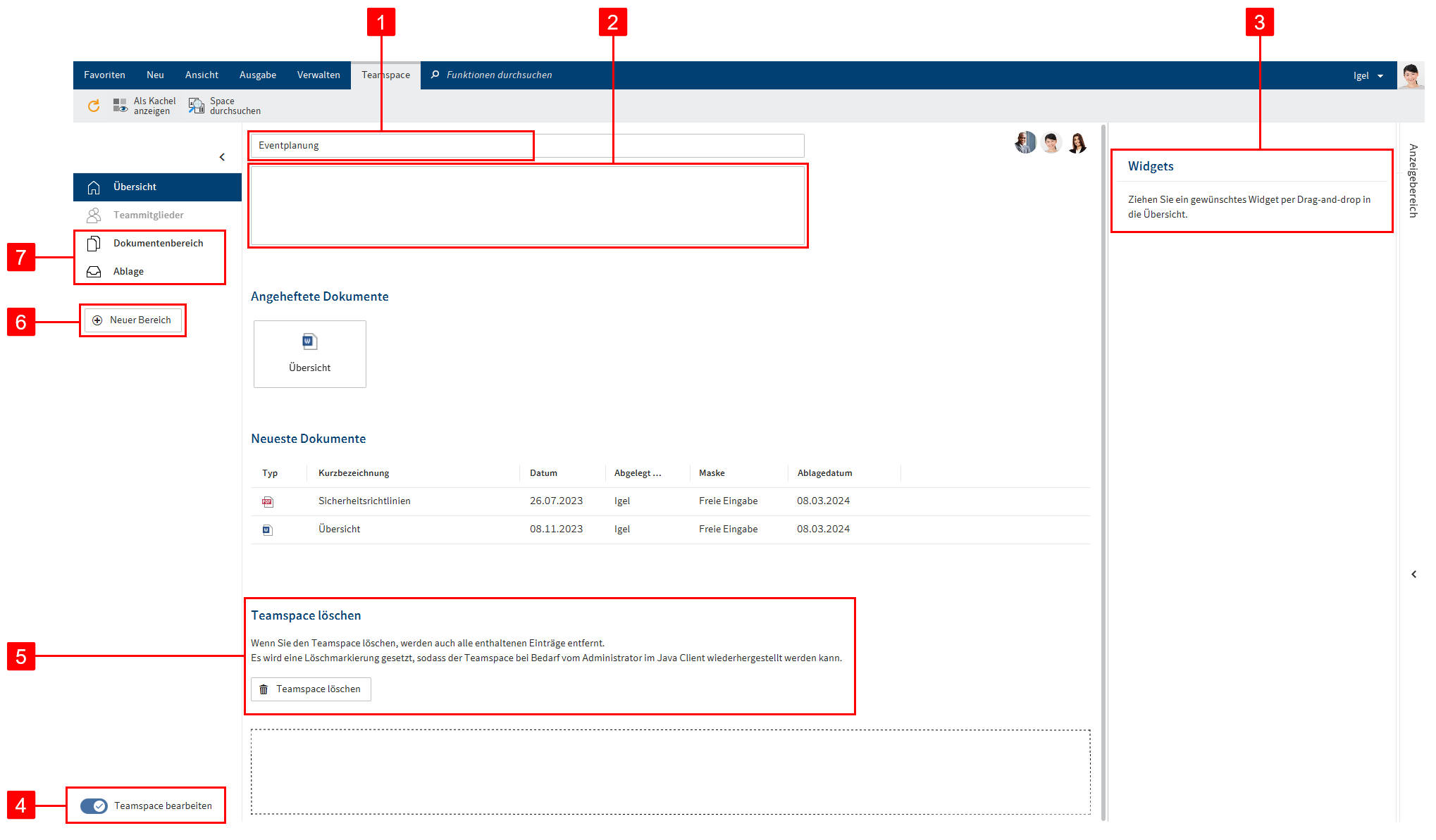 'Teamspace bearbeiten' im Bereich 'Übersicht'