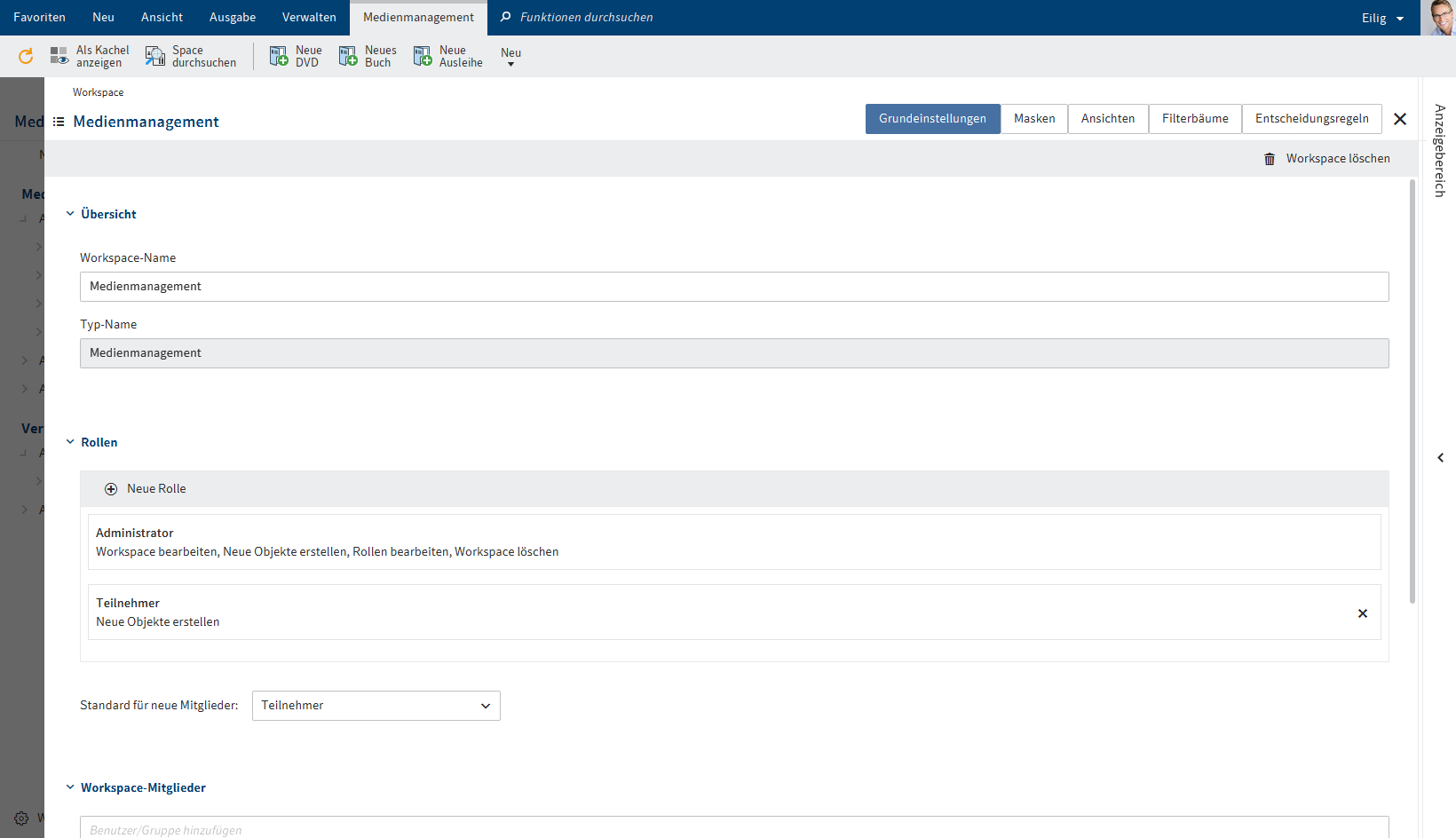 Übersicht 'Workspace bearbeiten'