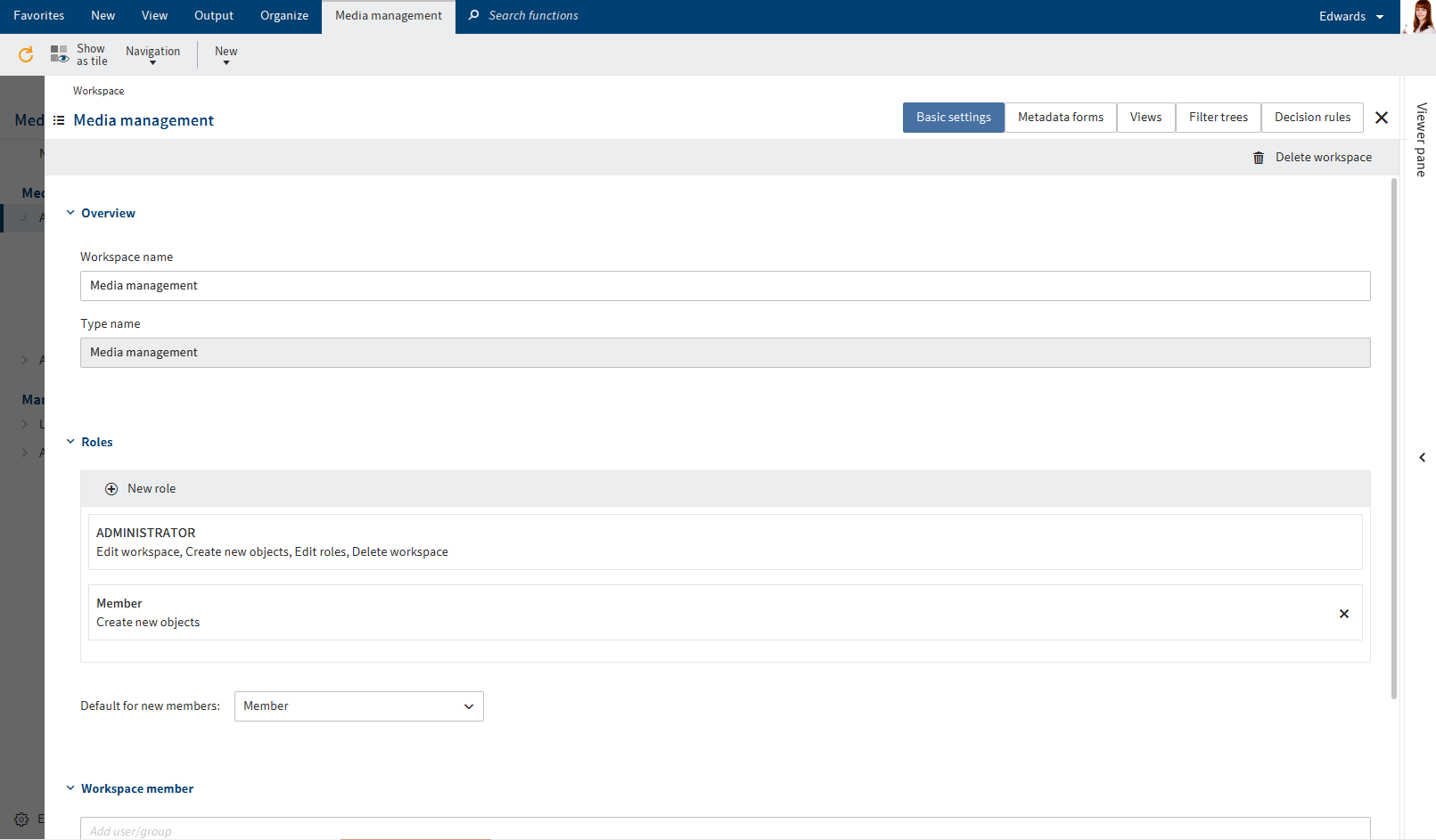 'Edit workspace' overview