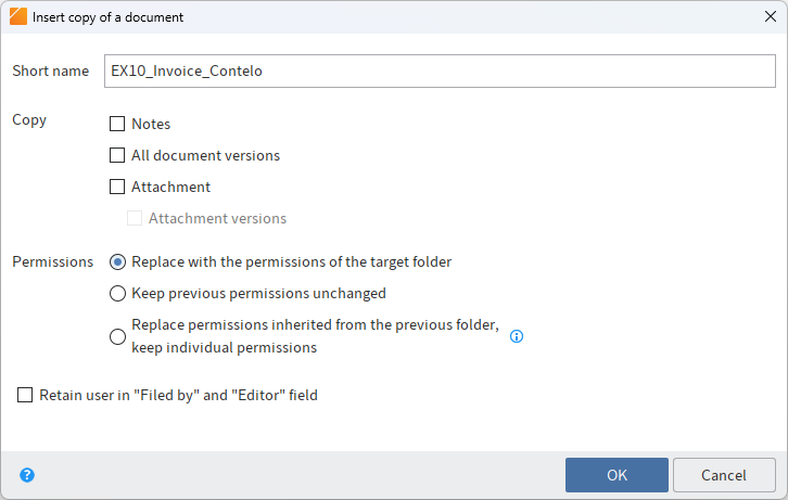 'Insert copy of a document' dialog box