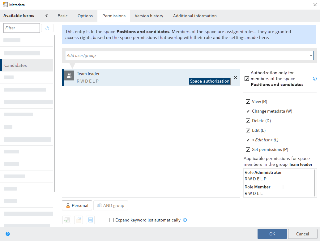 'Permissions' tab with 'Authorization only for members of the space' option