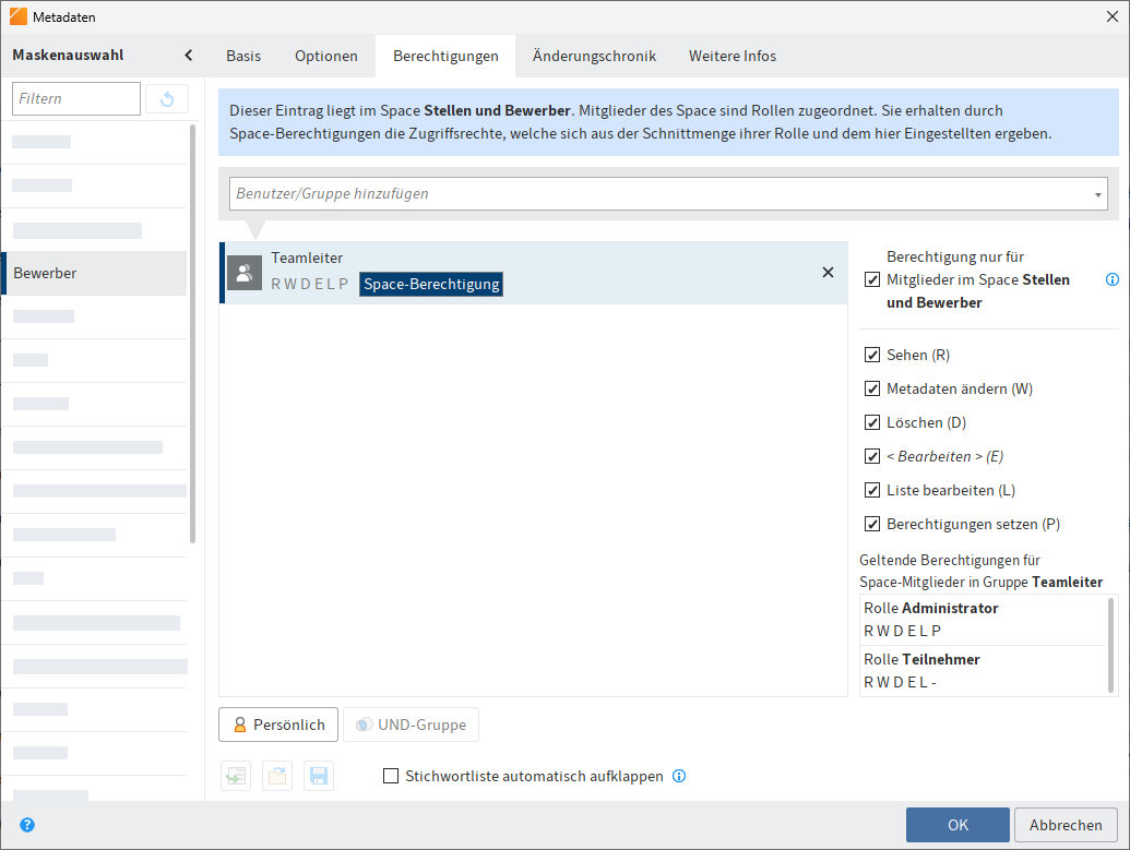 Tab 'Berechtigungen' mit Option 'Berechtigung nur für Mitglieder im Space'