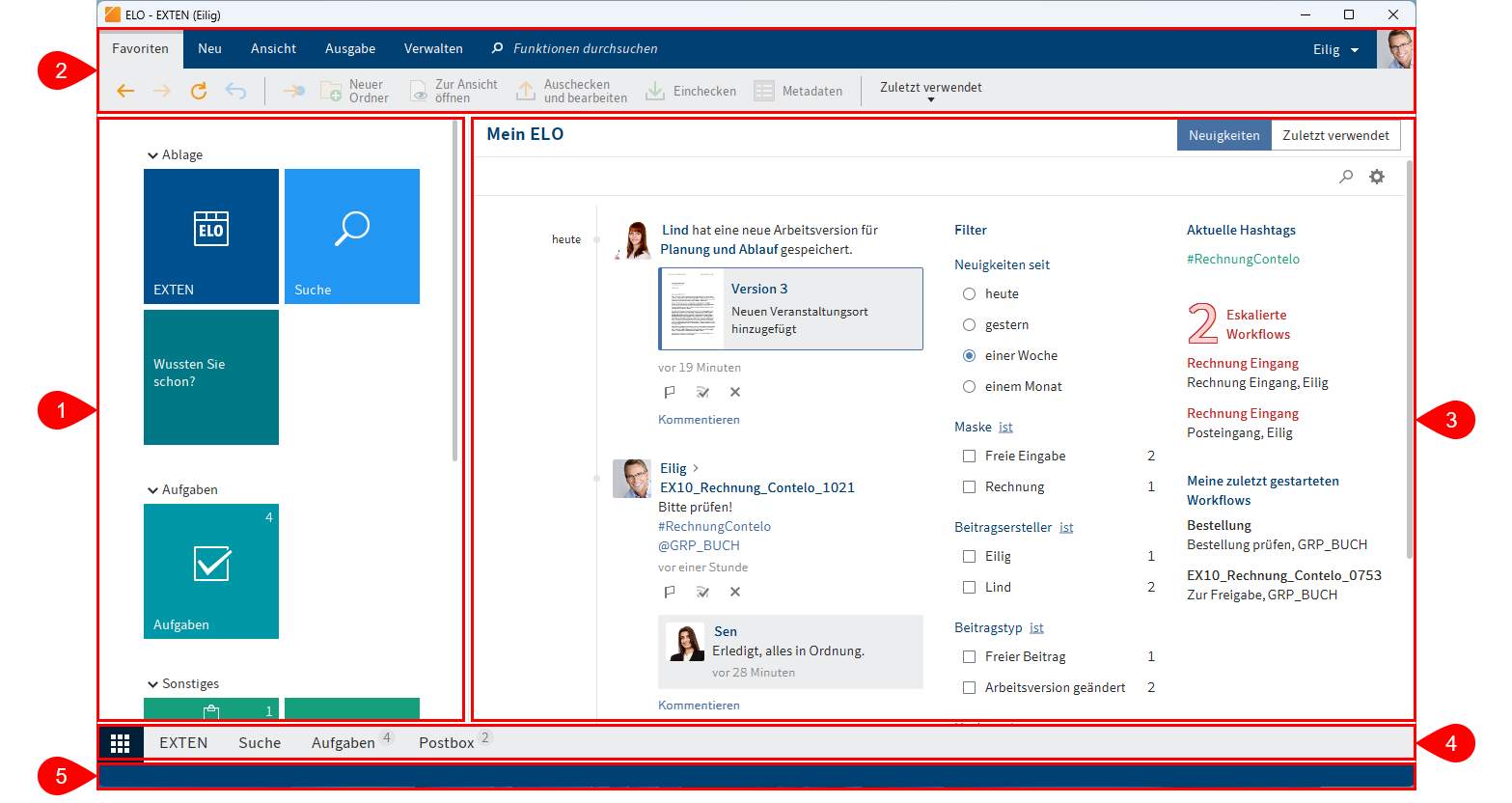 Programmoberfläche Funktionsbereich 'Mein ELO' mit nummerierten Bereichen
