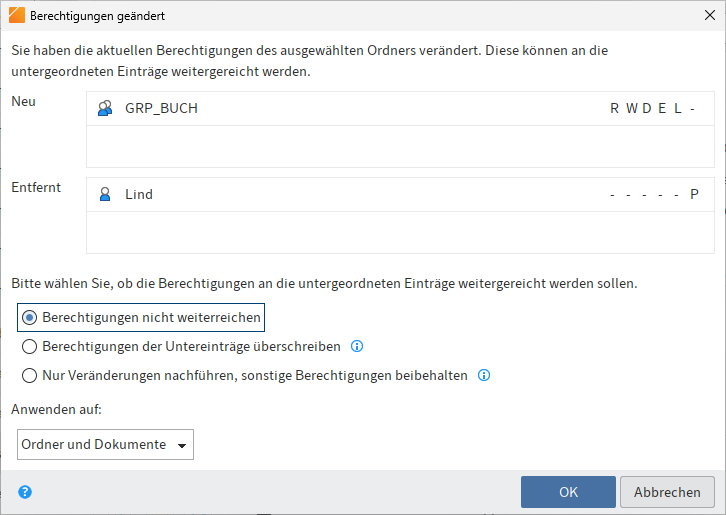 Dialog 'Berechtigungen geändert'