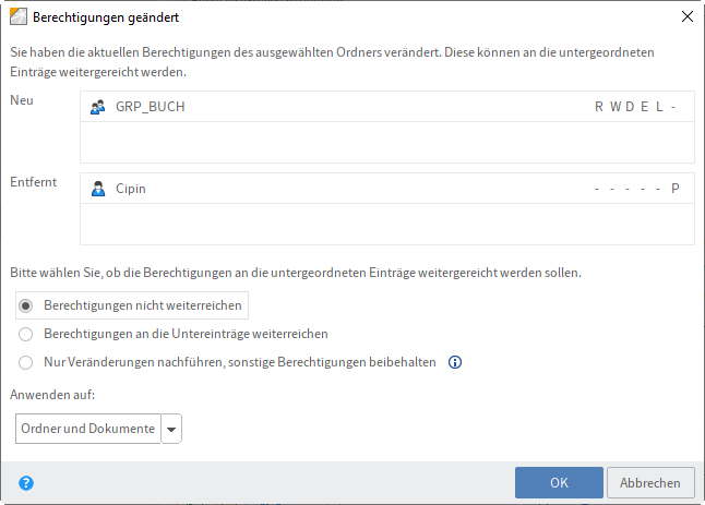 Dialog 'Berechtigungen geändert'