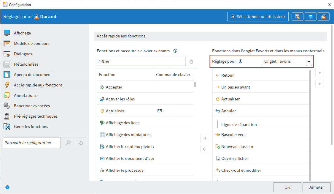 Section 'Accès rapide aux fonctions' dans la configuration
