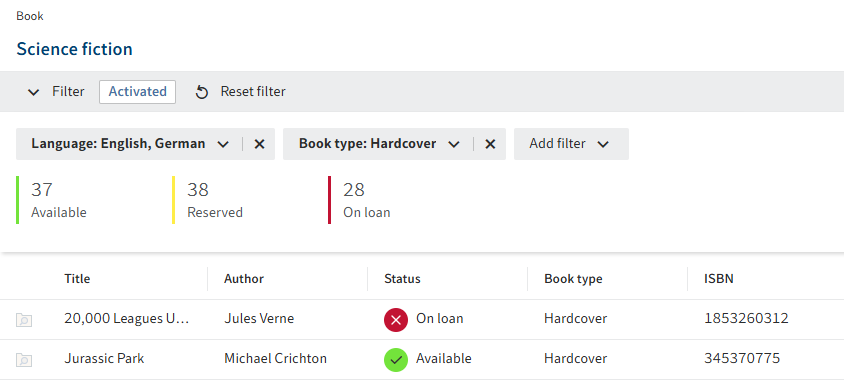 Quick filter 'Language: English, German' and 'Book type: Hardcover' above a table
