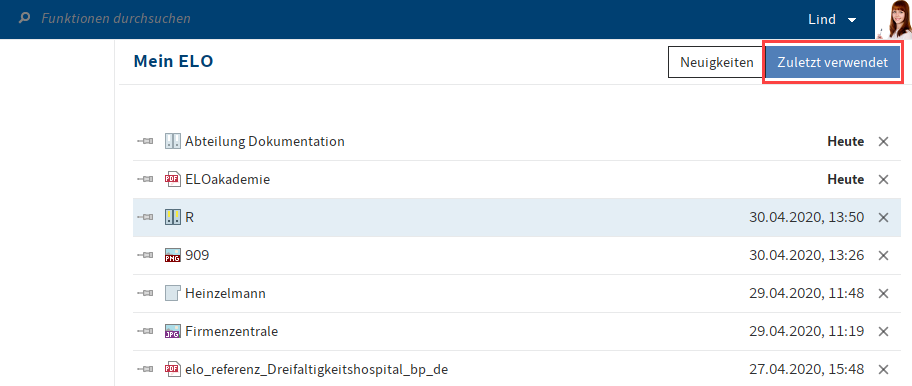 Tab 'Zuletzt verwendet'