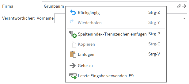 Kontextmenü für das Relationsfeld
