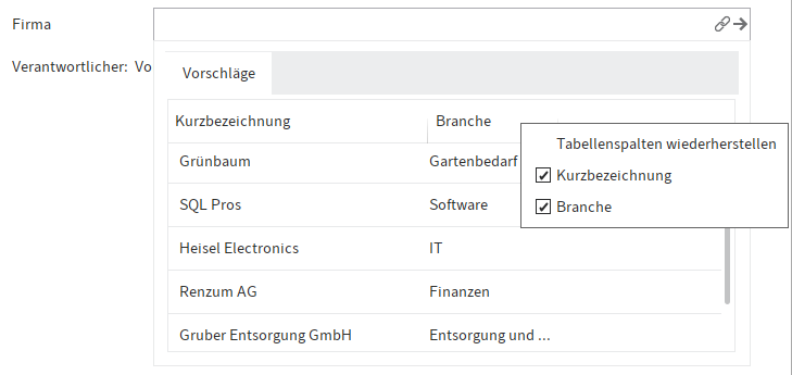 Kontextmenü für die Liste der Einträge