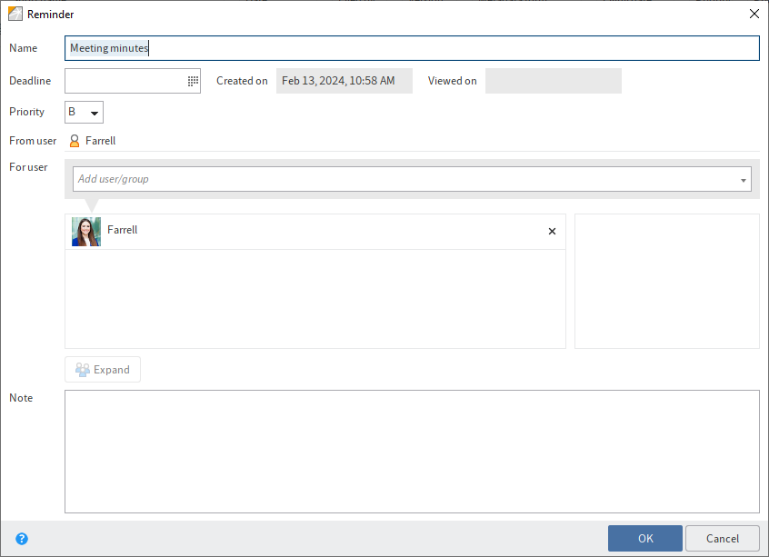 'Reminder' dialog box