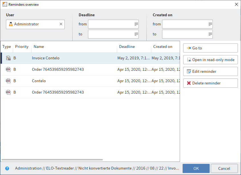 'Reminders overview' dialog box