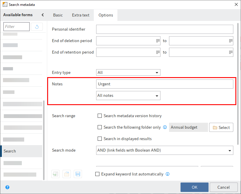 'Search metadata' dialog box