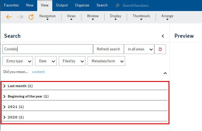 Search result grouped by date in the collapsed view