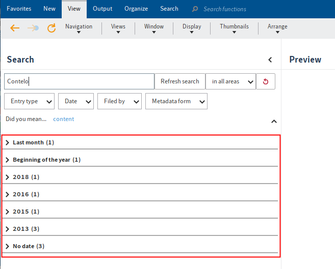 Search result grouped by date in the collapsed view