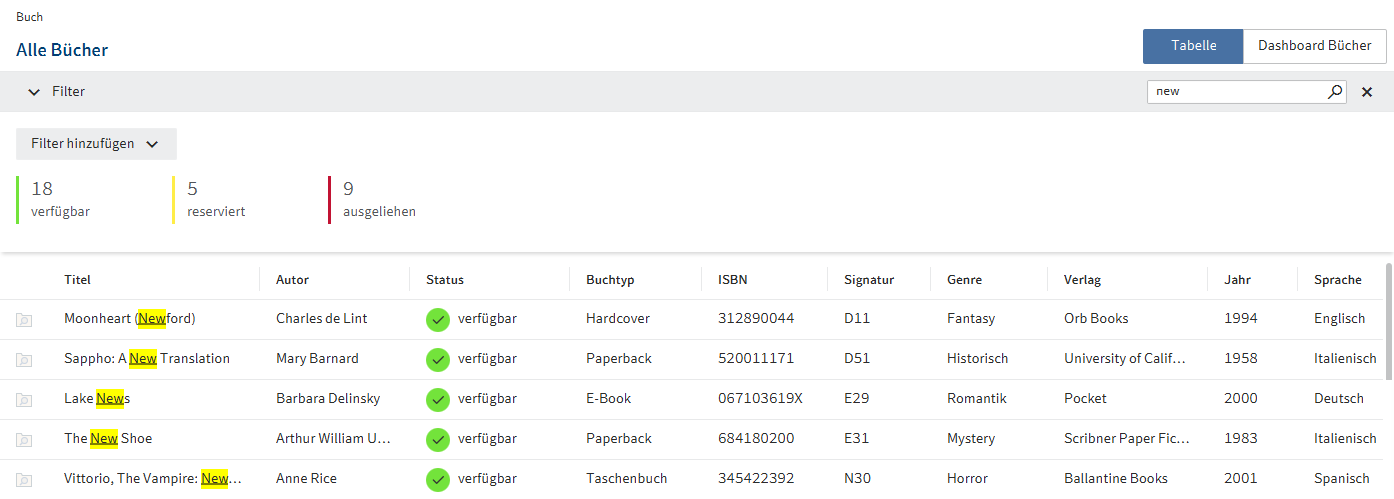 Suche in der Tabelle und markierte Suchergebnisse