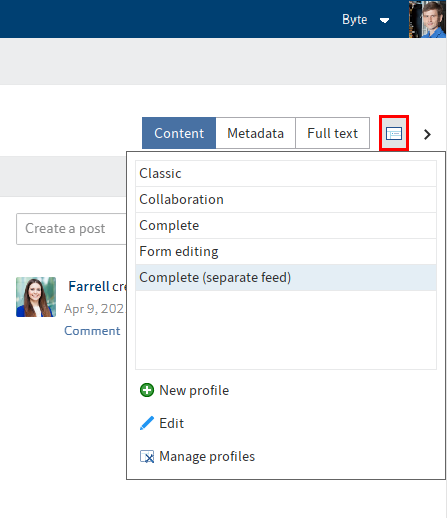 'Select and configure view profiles' button next to the 'Full text' tab, drop-down menu