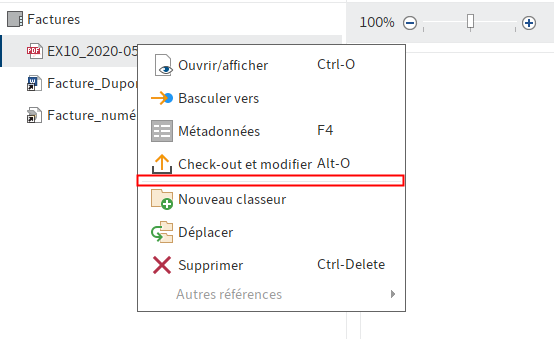 Ligne de séparation entre les fonctions dans le menu contextuel 