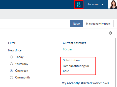 Blue person icon on the ribbon, 'Substitutes' area in 'My ELO' with the text 'I am substituting for: Kowalski'