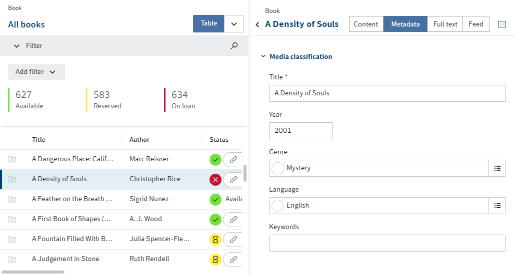 Entry selected in the table and form for entry
