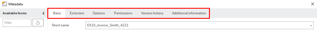 Tabs in the 'Metadata' dialog box