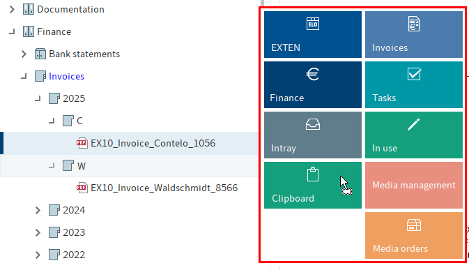 'Repository' work area; Tile overlay on selected entry