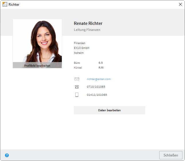 Profil-Dialog mit Foto und Angaben zu Name, Position, Standort, E-Mail-Adresse und Telefonnummern