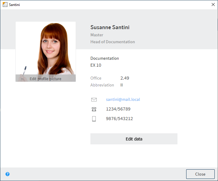 Profile dialog box with a picture of a woman; her name, position, location, e-mail address, and telephone numbers