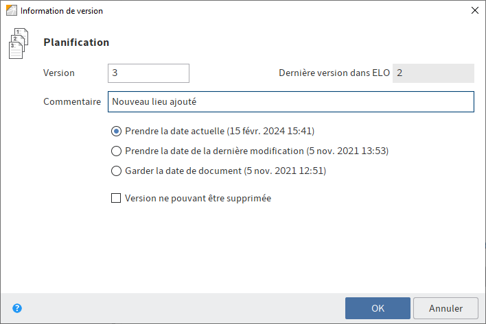 Dialogue 'Information de version'