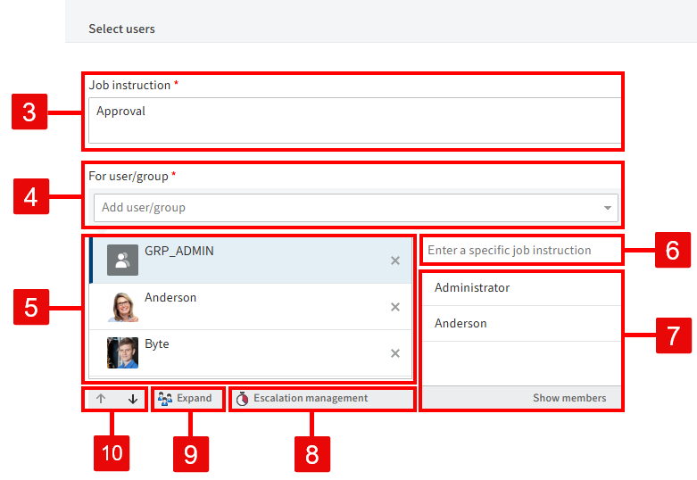 'Start ad hoc workflow' dialog box; 'User selection' area