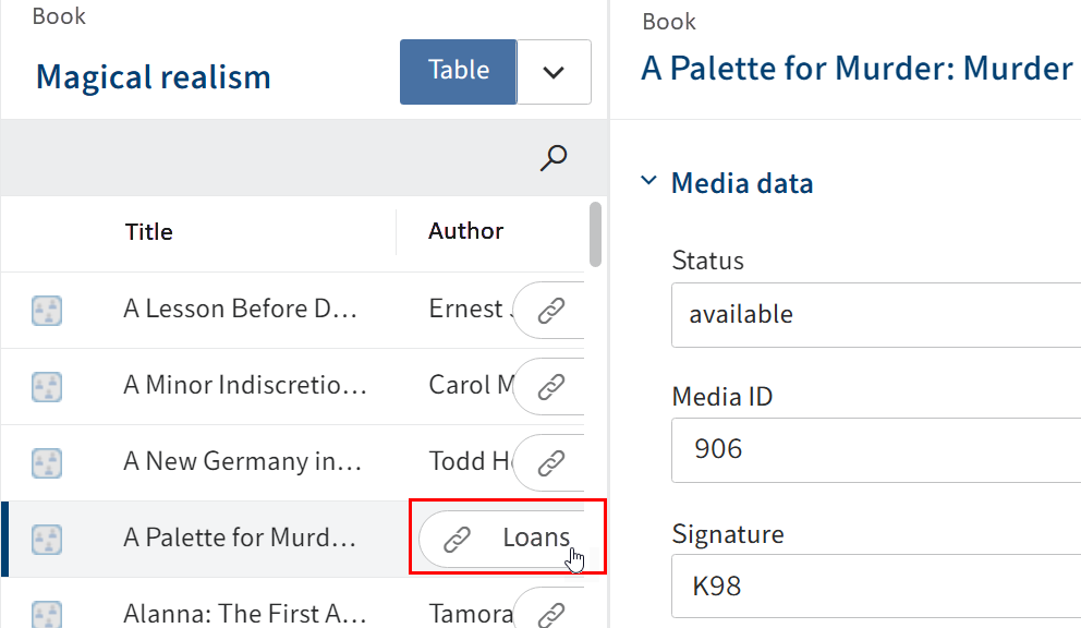 Table; Line with highlighted entry and button with chain icon