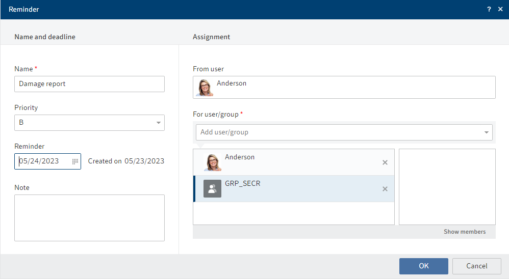 'Reminder' dialog box