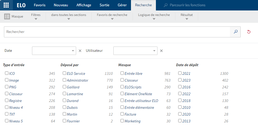 Section 'Recherche' avec l'onglet 'Recherche'