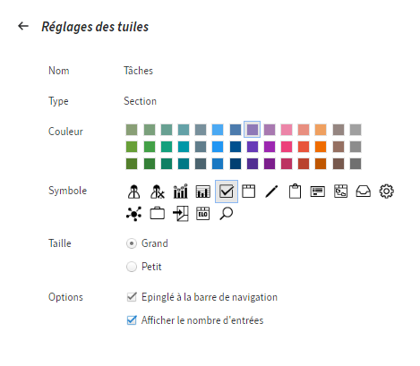 Réglages des tuiles